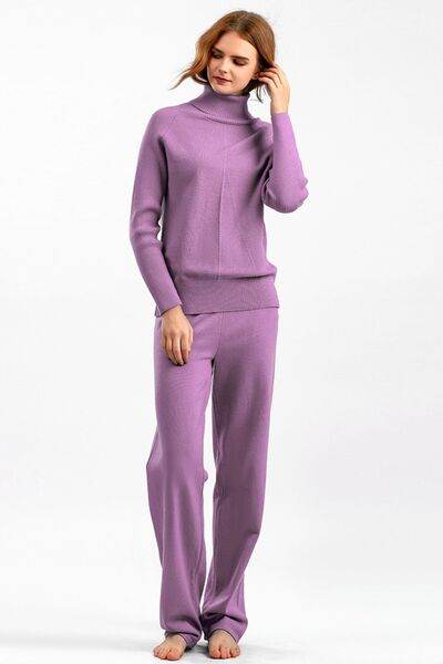 Basic Bae Turtleneck Raglan Sleeve Top and Pants Sweater Set Lilac One Size for a perfect OOTD – dress to impress outfits from Amexza