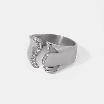 Stainless Steel Inlaid Rhinestone Bypass Ring Silver One Size for a perfect OOTD – dress to impress outfits from Amexza