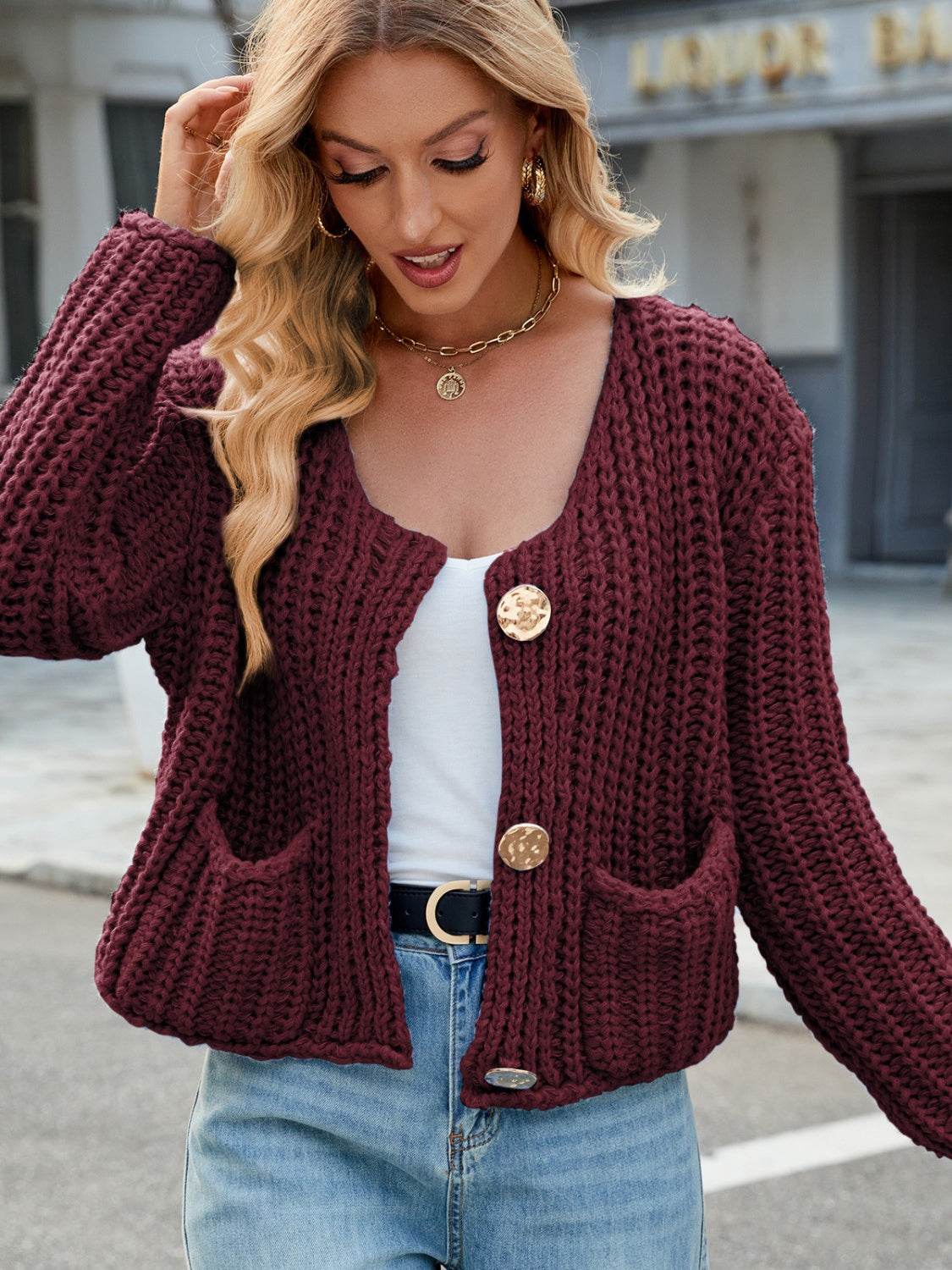 Round Neck Button Up Cardigan with Pockets - Amexza