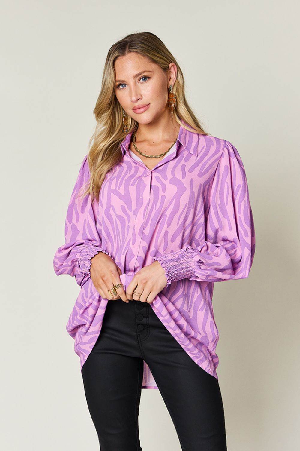 Double Take Full Size Printed Smocked Long Sleeve Blouse Lavender for a perfect OOTD – dress to impress outfits from Amexza