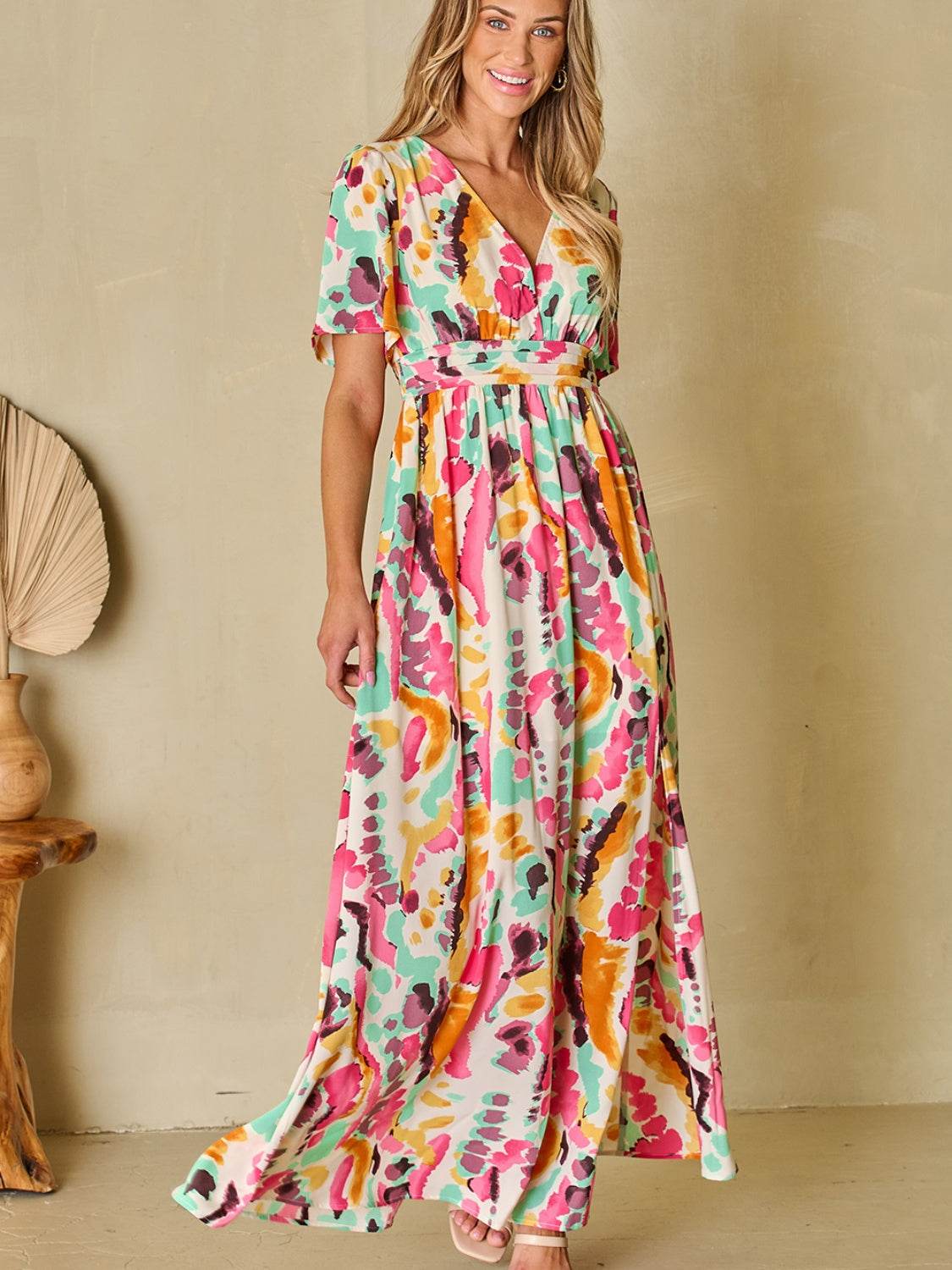 Slit Printed Surplice Short Sleeve Maxi Dress - Amexza