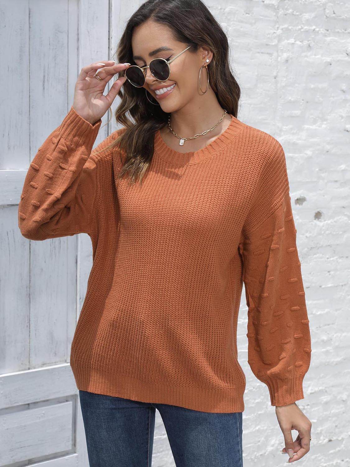 Round Neck Dropped Shoulder Sweater - Amexza