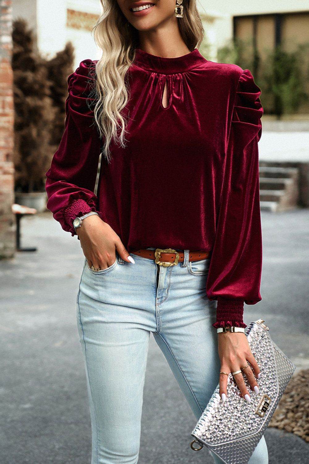 Tie Up Mock Neck Velvet Fabric Long Sleeve Blouse for a perfect OOTD – dress to impress outfits from Amexza