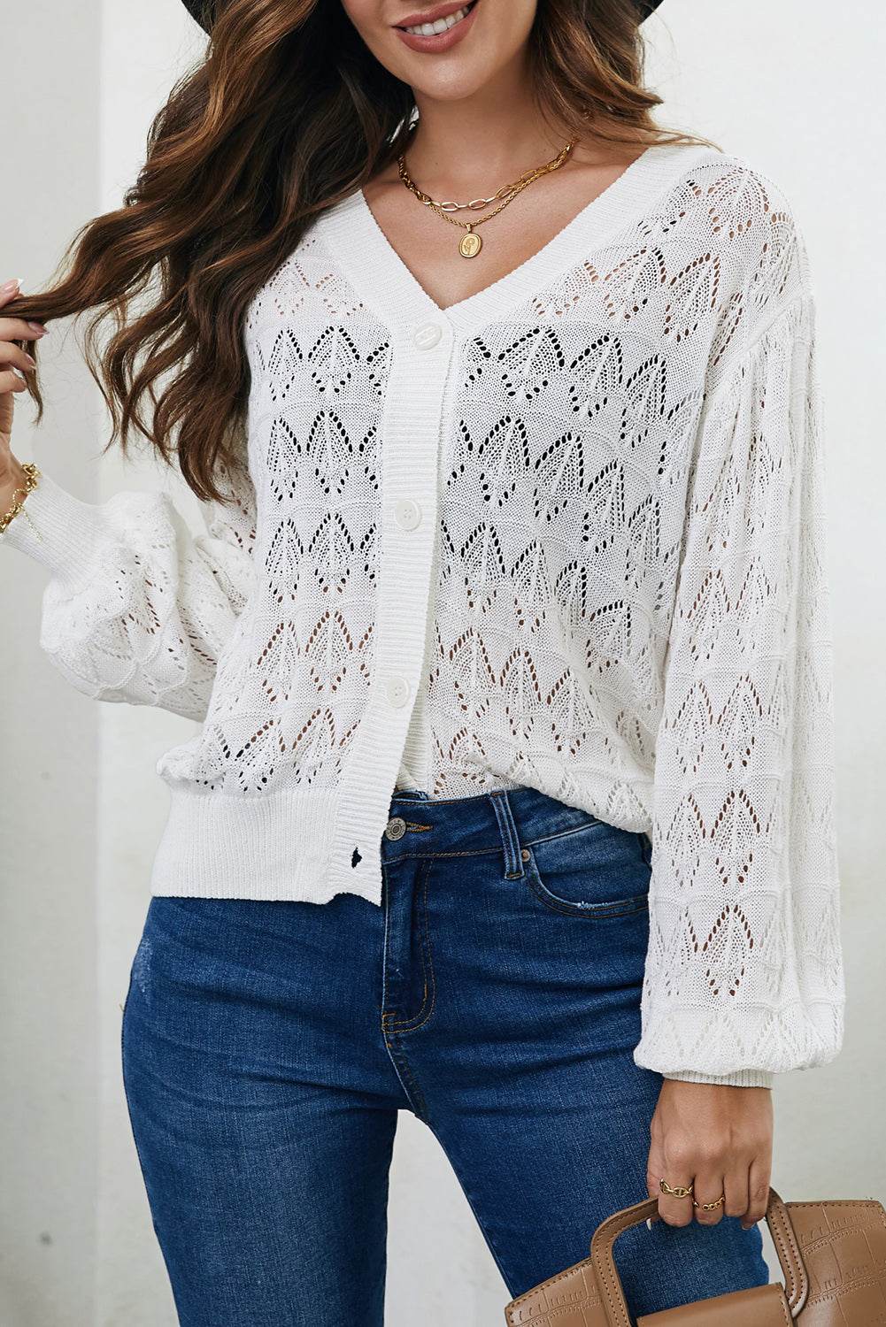 Openwork V-Neck Cardigan White for a perfect OOTD – dress to impress outfits from Amexza