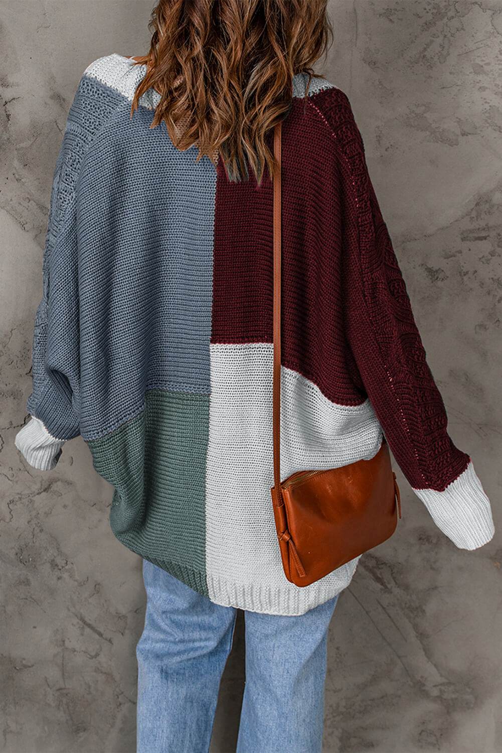 Woven Right Color Block Cable-Knit Batwing Sleeve Cardigan - Amexza