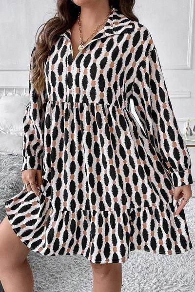 Plus Size Printed Johnny Collar Long Sleeve Dress for a perfect OOTD – dress to impress outfits from Amexza