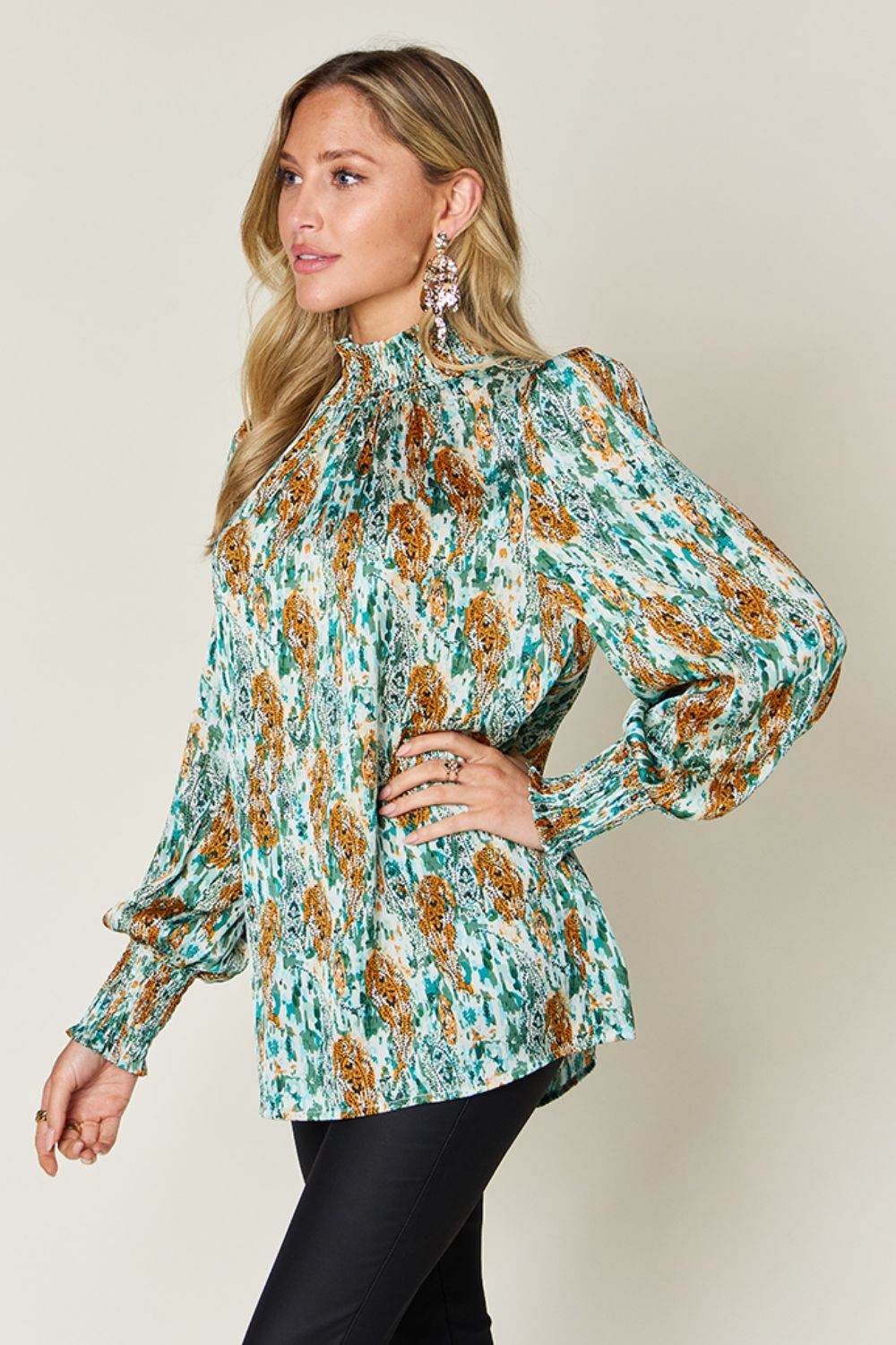 Double Take Full Size Printed Smocked Long Sleeve Blouse for a perfect OOTD – dress to impress outfits from Amexza