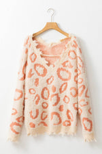 Distressed Trim Leopard V-Neck Sweater for a perfect OOTD – dress to impress outfits from Amexza