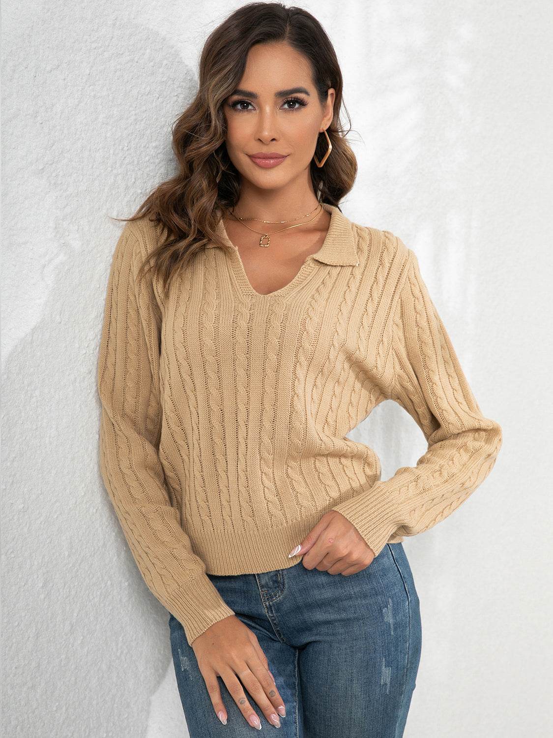 Johnny Collar Cable-Knit Long Sleeve Sweater Khaki for a perfect OOTD – dress to impress outfits from Amexza