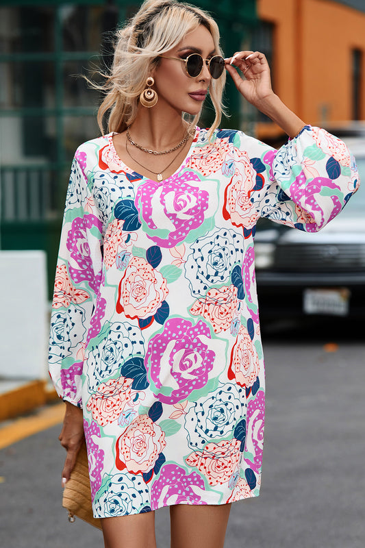 Floral V-Neck Long Sleeve Dress - Multicolor / S