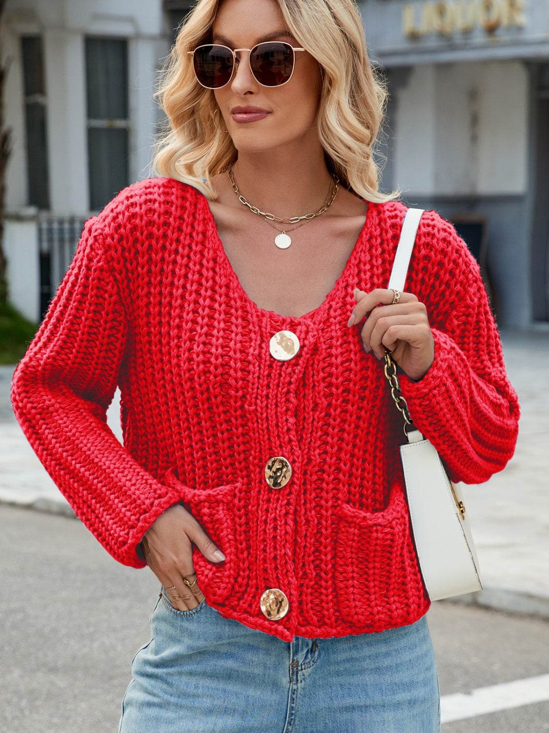 Round Neck Button Up Cardigan with Pockets - Amexza