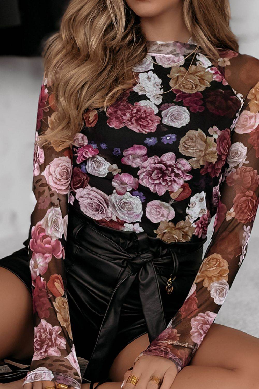 Floral Mock Neck Long Sleeve Mesh Top - Amexza