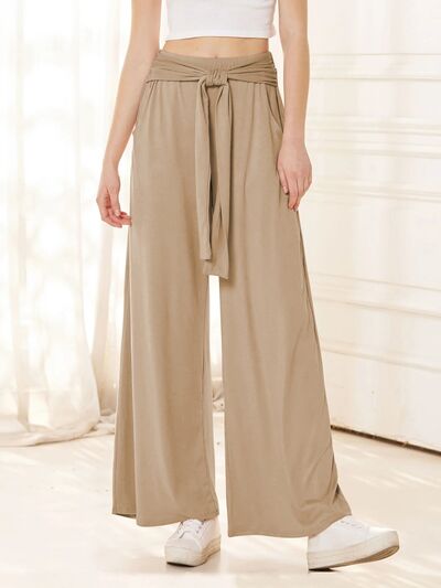 Tied Wide Leg Pants with Pockets Tan for a perfect OOTD – dress to impress outfits from Amexza