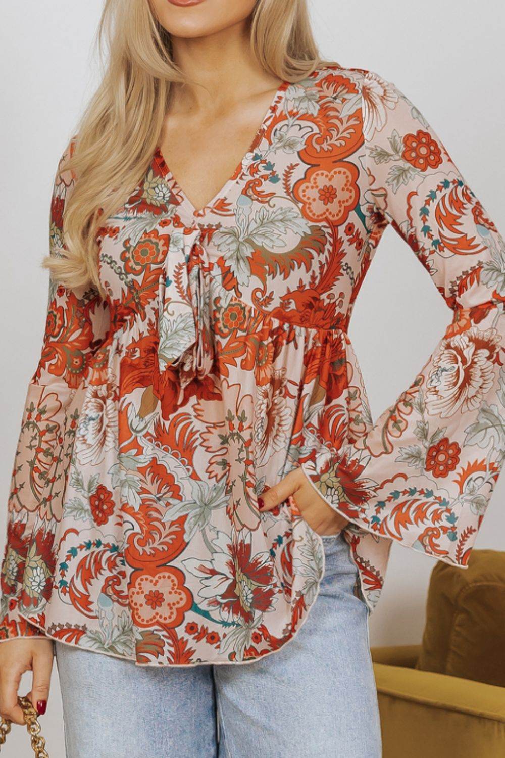 Floral V-Neck Flare Sleeve Blouse Floral for a perfect OOTD – dress to impress outfits from Amexza