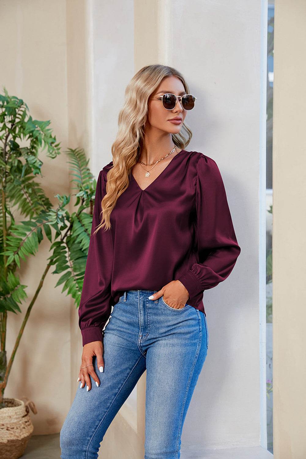 V-Neck Long Sleeve Top - Amexza