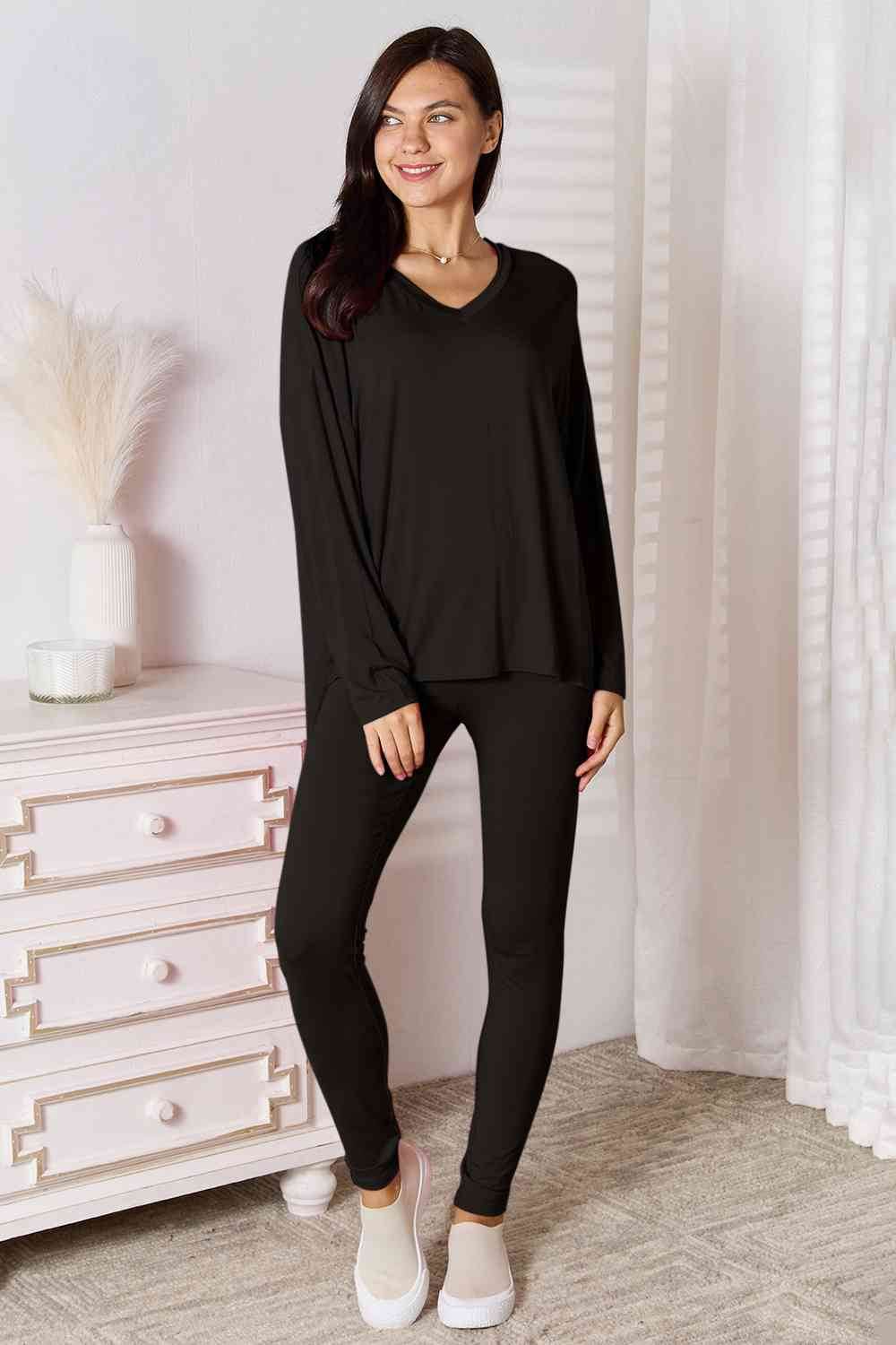 Basic Bae Full Size V-Neck Soft Rayon Long Sleeve Top and Pants Lounge Set Black for a perfect OOTD – dress to impress outfits from Amexza