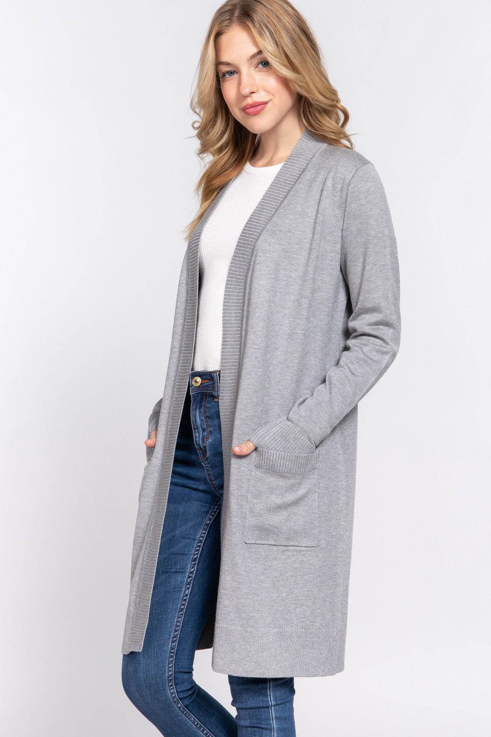 ACTIVE BASIC Open Front Rib Trim Long Sleeve Knit Cardigan for a perfect OOTD – dress to impress outfits from Amexza