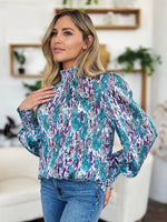 Double Take Full Size Printed Smocked Long Sleeve Blouse for a perfect OOTD – dress to impress outfits from Amexza