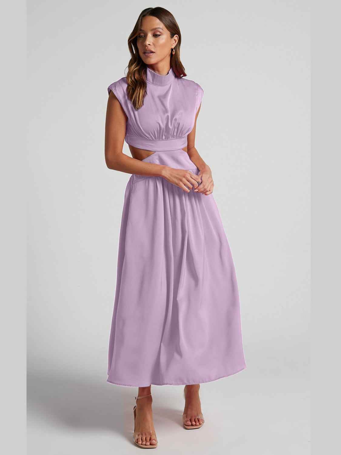 Cutout Mock Neck Sleeveless Ruched Dress Lavender for a perfect OOTD – dress to impress outfits from Amexza