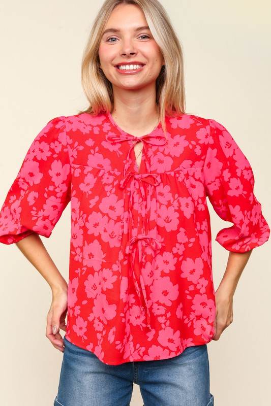 Haptics Full Size Ribbon Bow Floral Balloon Sleeve Blouse for a perfect OOTD – dress to impress outfits from Amexza