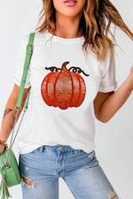 Full Size Sequin Pumpkin Round Neck Short Sleeve T-Shirt - Amexza