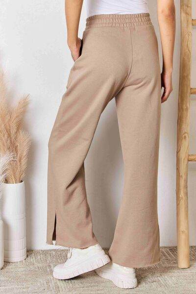 RISEN Wide Waistband Slit Wide Leg Pants - Amexza