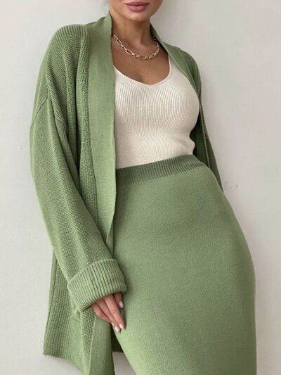 Pocketed Long Sleeve Cardigan and Skirt Sweater Set - Amexza