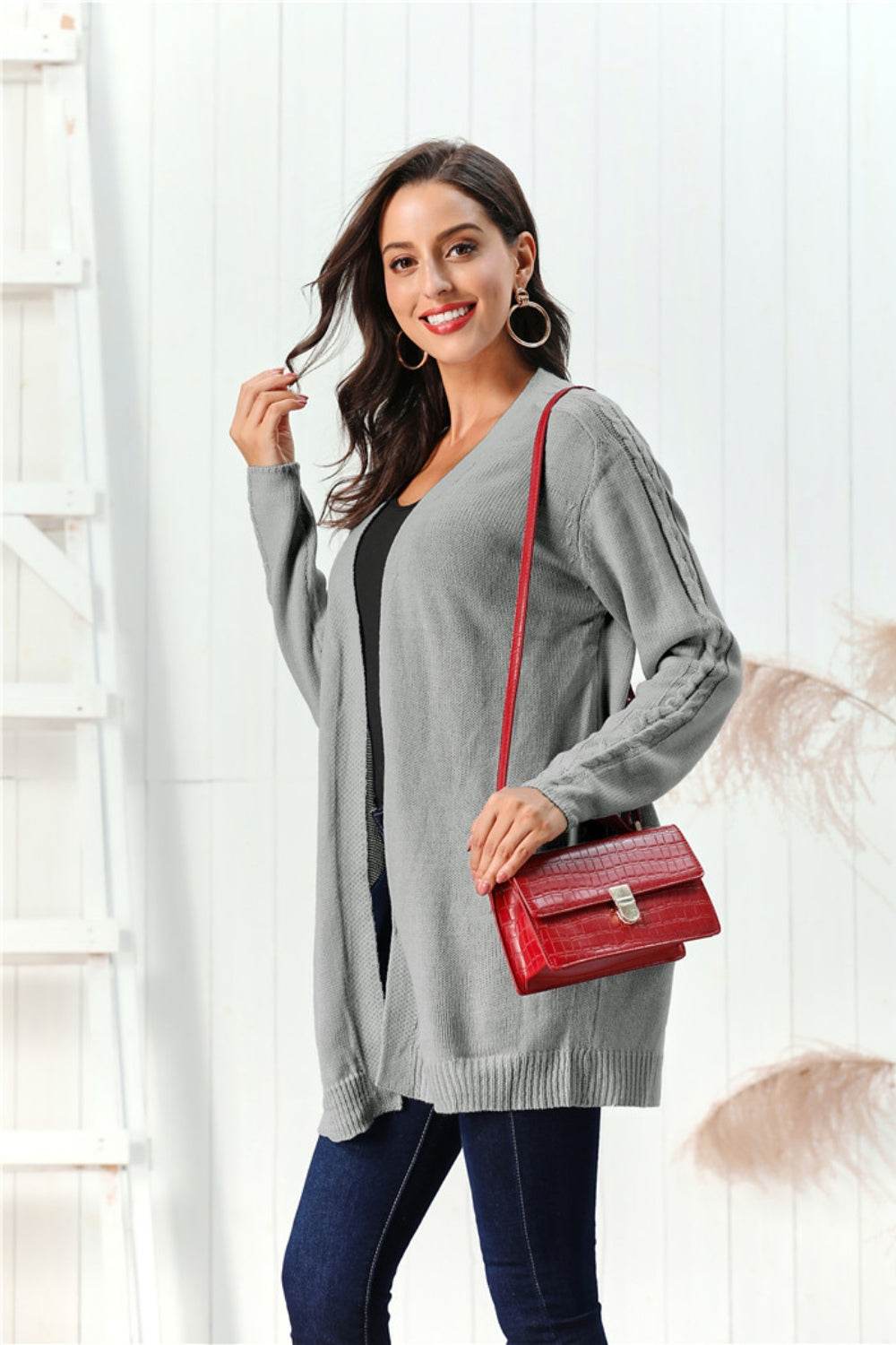 Cable-Knit Open Front Long Sleeve Cardigan Gray for a perfect OOTD – dress to impress outfits from Amexza