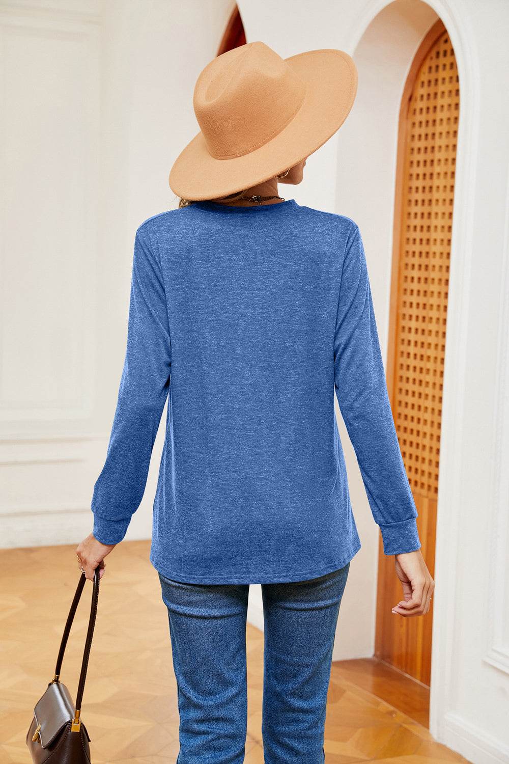 Buttoned Notched Neck Long Sleeve Top for a perfect OOTD – dress to impress outfits from Amexza