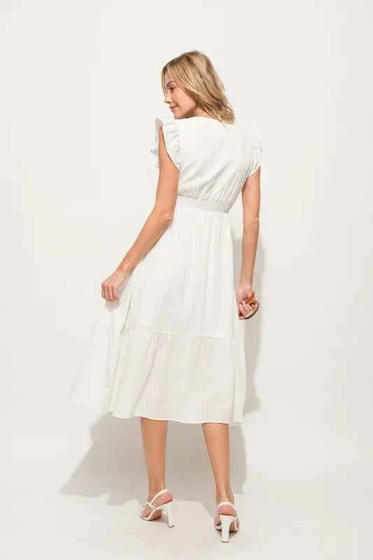 And The Why Ruffle Sleeve Front Smocked Tiered Midi Dress