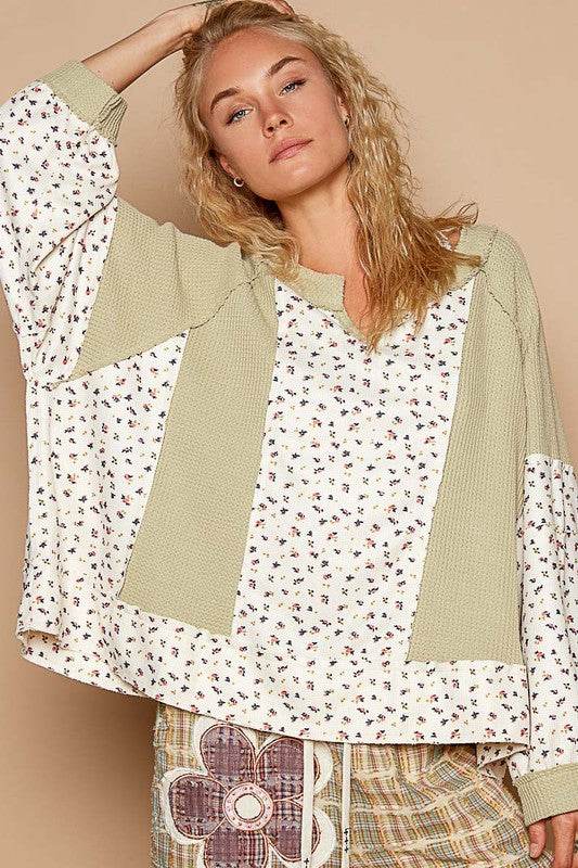 POL Waffle Knit Floral Notched Long Sleeve Top - Amexza