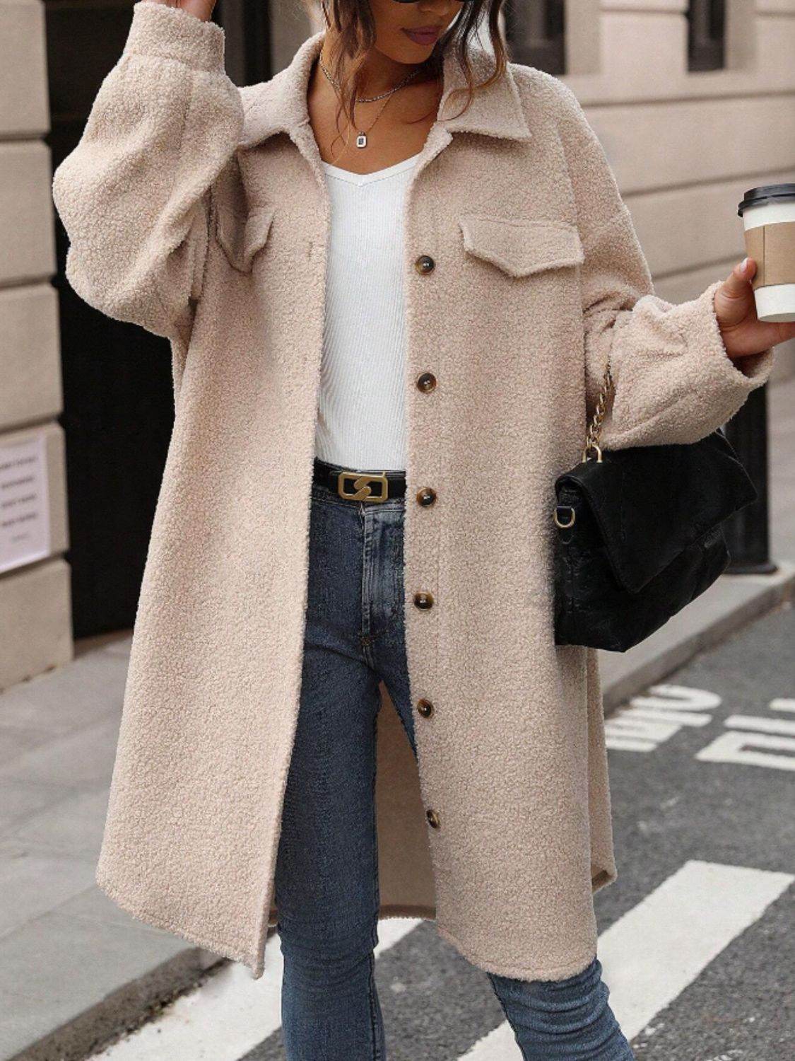 Button Up Drop Shoulder Sherpa Coat for a perfect OOTD – dress to impress outfits from Amexza