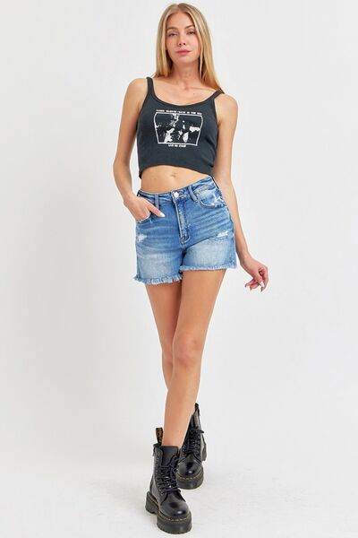 RISEN Full Size High Rise Distressed Raw Hem Denim Shorts for a perfect OOTD – dress to impress outfits from Amexza