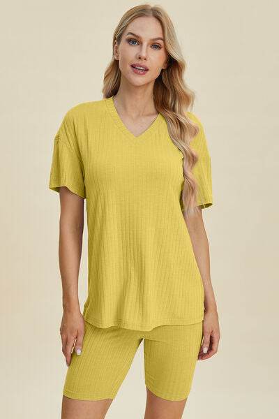 Basic Bae Full Size Ribbed V-Neck Short Sleeve Top and Shorts Set Yellow for a perfect OOTD – dress to impress outfits from Amexza