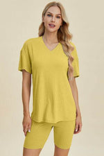 Basic Bae Full Size Ribbed V-Neck Short Sleeve Top and Shorts Set Yellow for a perfect OOTD – dress to impress outfits from Amexza
