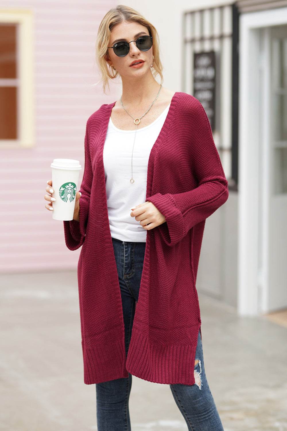 Open Front Long Sleeve Cardigan Burgundy for a perfect OOTD – dress to impress outfits from Amexza