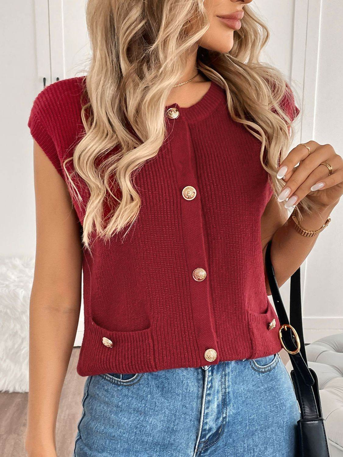 Perfee Pocketed Round Neck Cap Sleeve Cardigan - Amexza