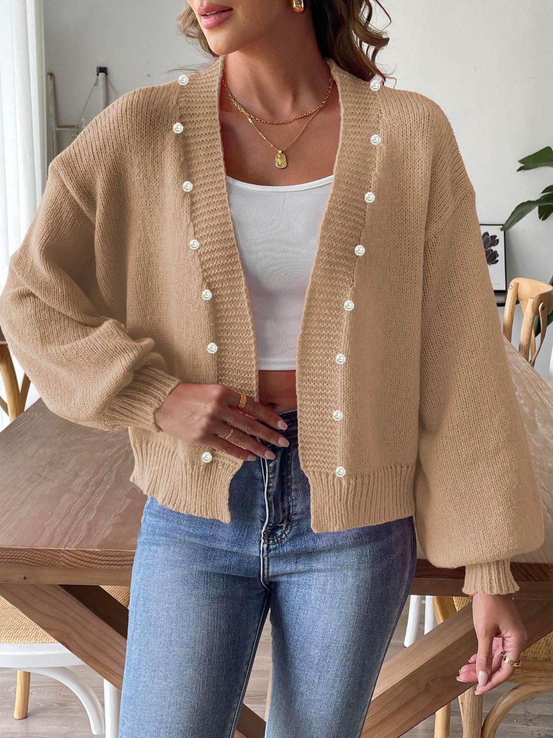 Pearl Open Front Long Sleeve Cardigan Tan for a perfect OOTD – dress to impress outfits from Amexza