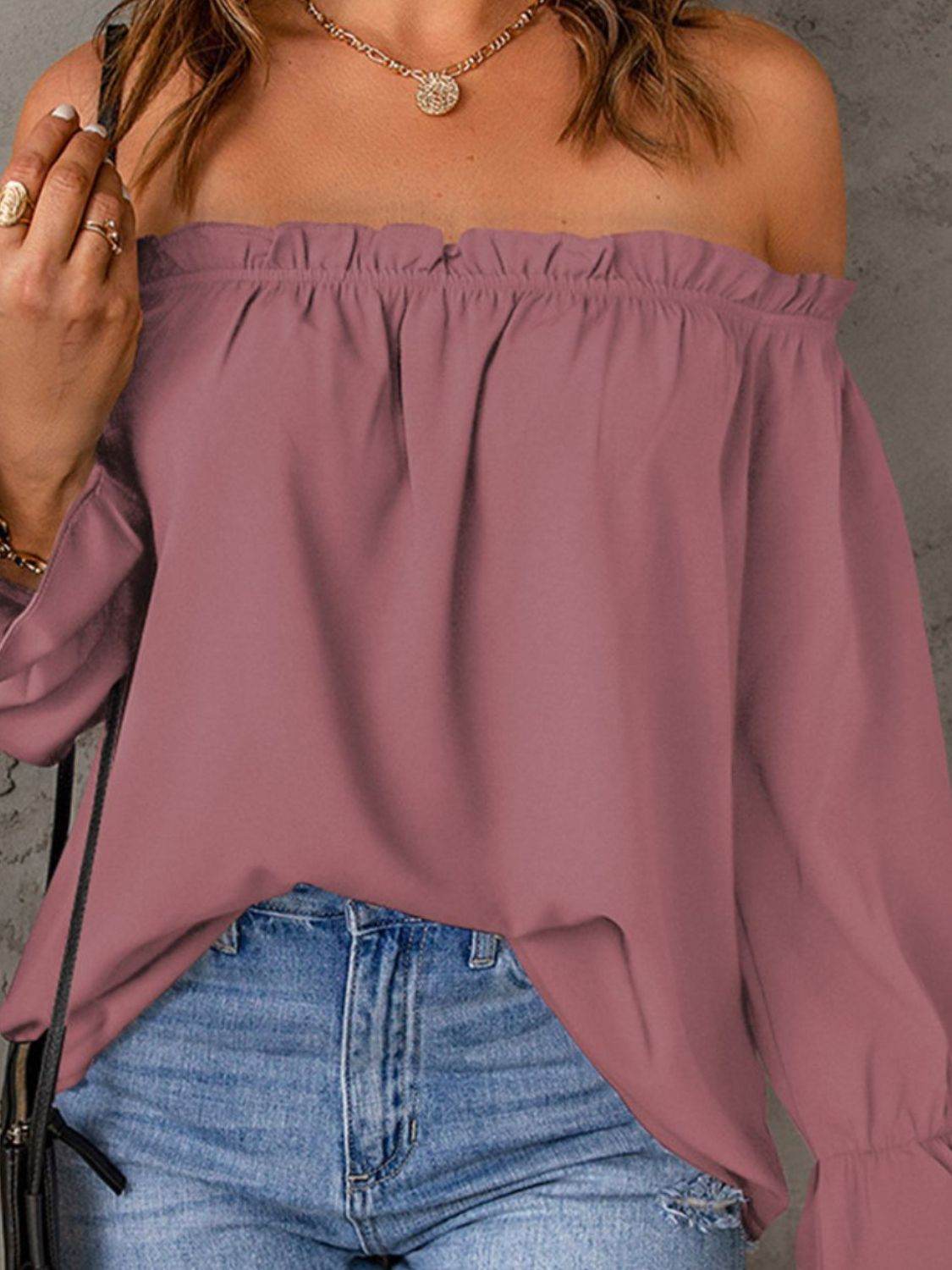 Off-Shoulder Flounce Sleeve Blouse - Amexza