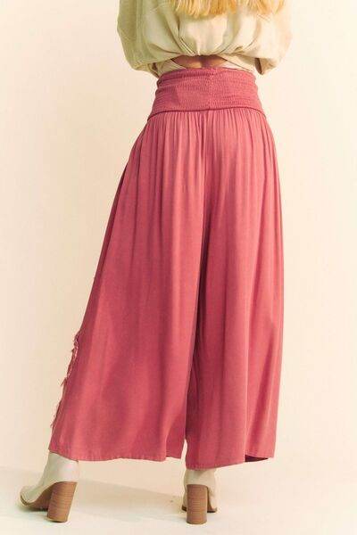 Davi & Dani Smocked Waist Flower Patch Wide Leg Pants - Amexza