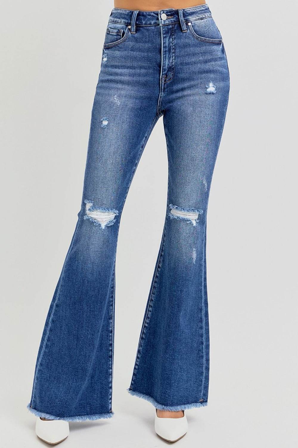 RISEN Full Size High Rise Distressed Raw Hem Flare Jeans - Amexza