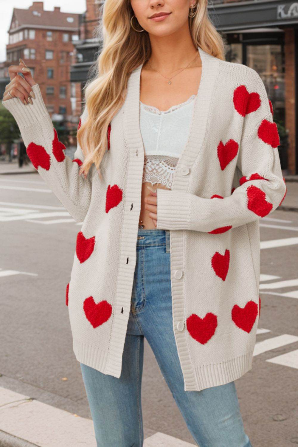 Heart Button Down Long Sleeve Cardigan for a perfect OOTD – dress to impress outfits from Amexza