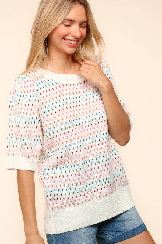 Haptics Round Neck Half Sleeve Multi Color Knit Top for a perfect OOTD – dress to impress outfits from Amexza