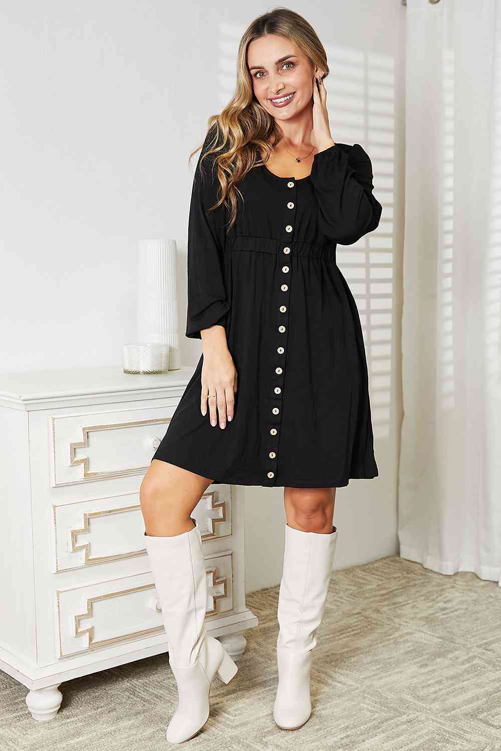 Double Take Scoop Neck Empire Waist Long Sleeve Magic Dress for a perfect OOTD – dress to impress outfits from Amexza