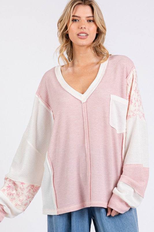 SAGE + FIG Floral Long Sleeve V-Neck Waffle Knit Top for a perfect OOTD – dress to impress outfits from Amexza