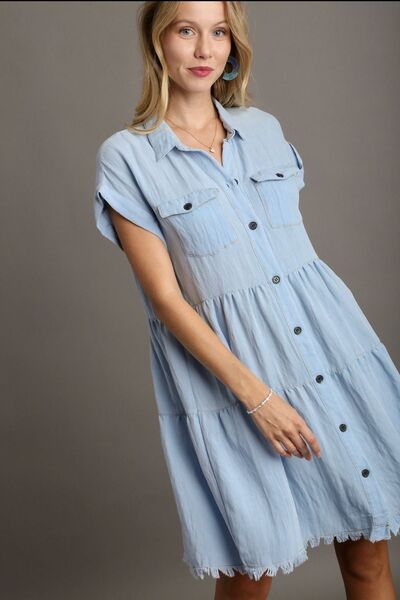 Umgee Frayed Hemline Button Down Shirt Dress for a perfect OOTD – dress to impress outfits from Amexza