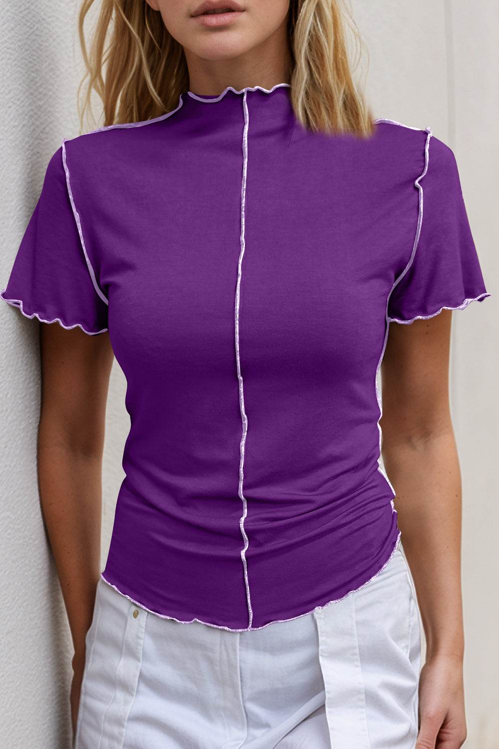 Basic Bae Contrast Trim Mock Neck Short Sleeve T-Shirt Purple for a perfect OOTD – dress to impress outfits from Amexza