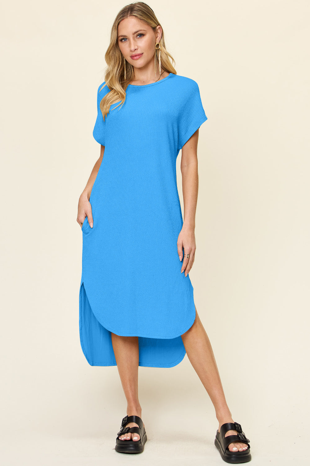 Double Take Full Size Round Neck Short Sleeve Slit Dress - Sky Blue / S