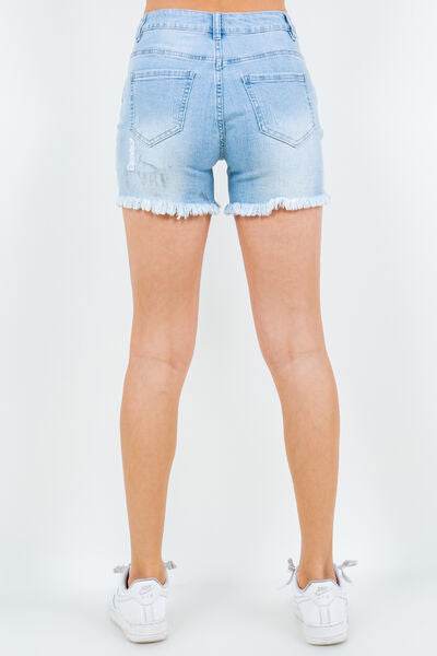 American Bazi High Waist Distressed Frayed Denim Shorts - Amexza