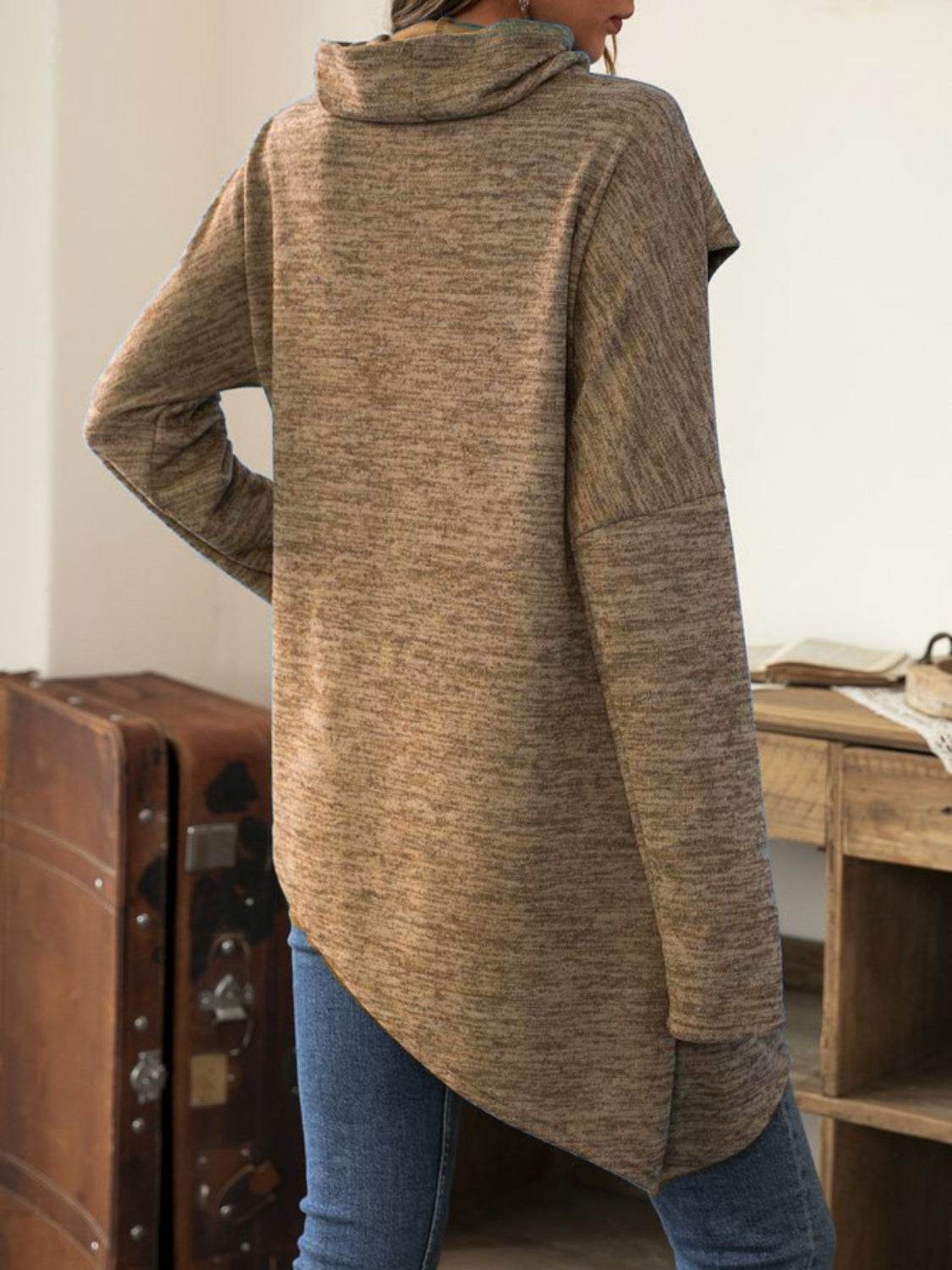 Asymmetrical Hem Cowl Neck Long Sleeve T-Shirt - Amexza